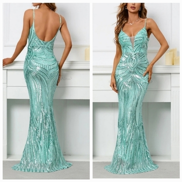 Mint, Graphic Print, Sleeveless,  Backless,  Neck,  Sequined Mermaid Gown - Picture 2 of 16